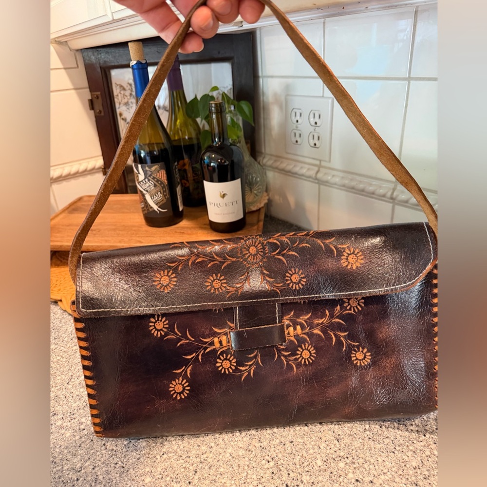 Wabag Handcrafted Floral Tooled Leather Shoulder Bag - Brown